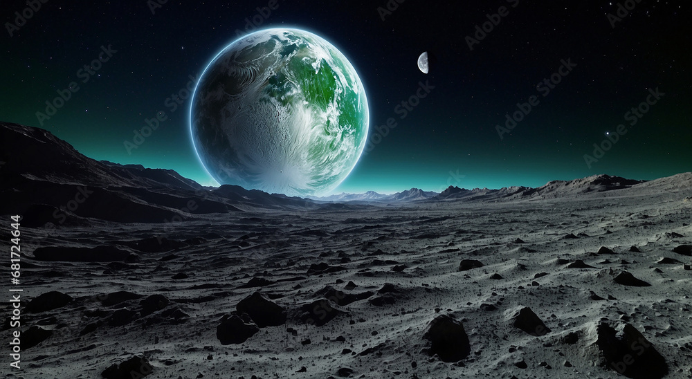 Naklejka premium The majestic sight of Earth slowly emerging from behind the moon, its blue and green hues contrasting against the stark lunar landscape - AI Generative