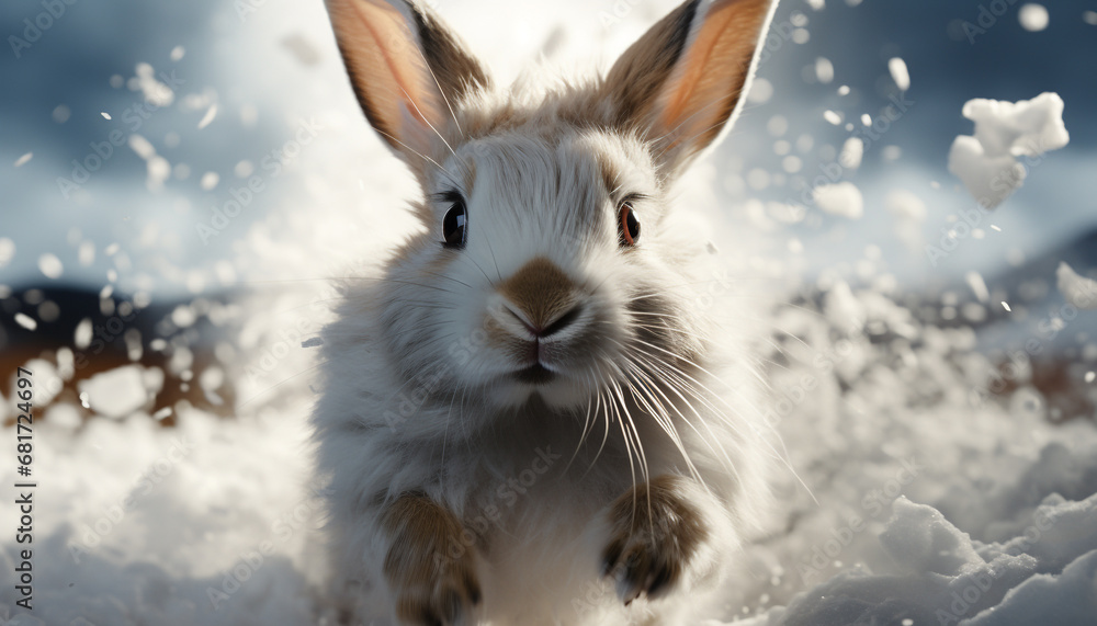 Cute rabbit sitting in snow, looking at camera outdoors generated by AI