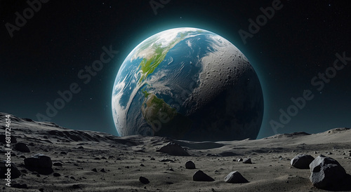 The majestic sight of Earth slowly emerging from behind the moon, its blue and green hues contrasting against the stark lunar landscape - AI Generative