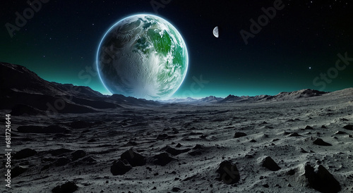 The majestic sight of Earth slowly emerging from behind the moon  its blue and green hues contrasting against the stark lunar landscape - AI Generative