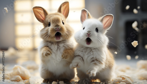 Fluffy baby rabbits playing outdoors, celebrating nature cute small animals generated by AI