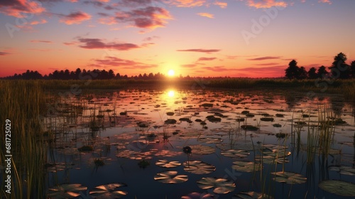 A quiet marshland during sunset, with the sky reflecting in the still water, dotted with lily pads and surrounded by tall reeds, creating a peaceful, symmetrical scene.