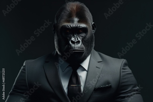 A man wearing a formal suit and tie, posing with a gorilla mask. This image can be used for costume parties or to represent hidden identities.