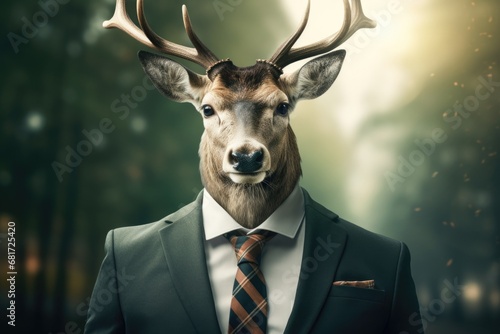 A man is pictured wearing a suit with a deer head on his head. This unique and eye-catching image can be used for various purposes, including costume parties, Halloween events, or artistic projects. © Fotograf