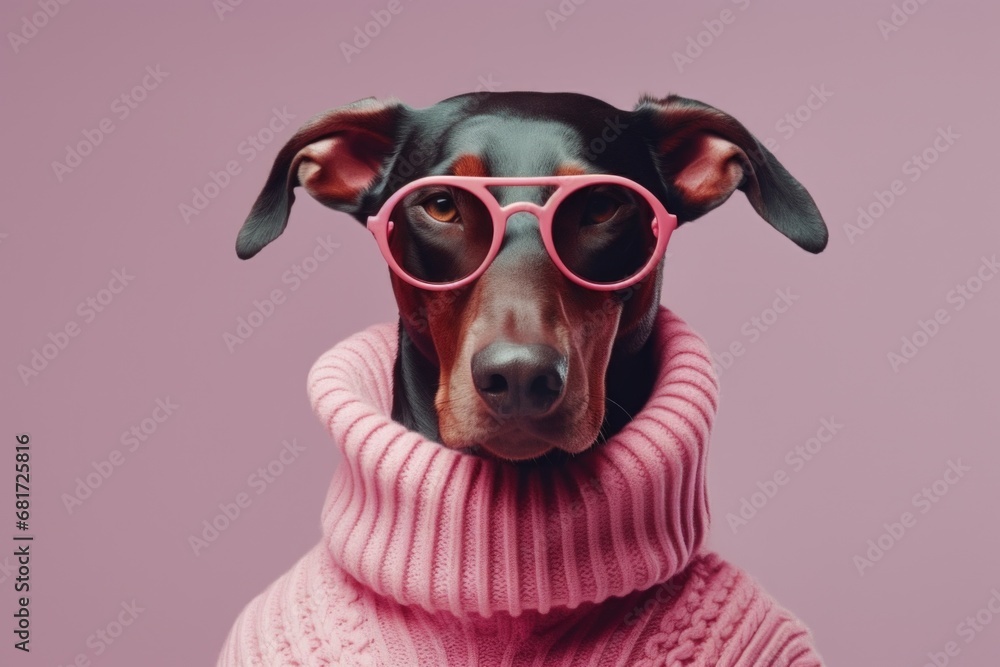 A cute dog wearing a pink sweater and pink glasses. This picture can be used for various themes like fashion, pet accessories, or humorous content. A cute dog wearing a pink sweater and pink glasses. This picture can be used for various themes like fashion, pet accessories, or humorous content.