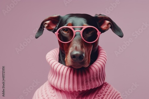 A cute dog wearing a pink sweater and pink glasses. This picture can be used for various themes like fashion, pet accessories, or humorous content.