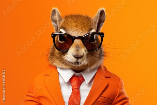 A squirrel wearing a stylish suit and sunglasses. Perfect for adding a touch of fun and humor to any project.