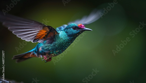 Hummingbird hovering, iridescent feathers, multi colored, pollinating vibrant flowers generated by AI