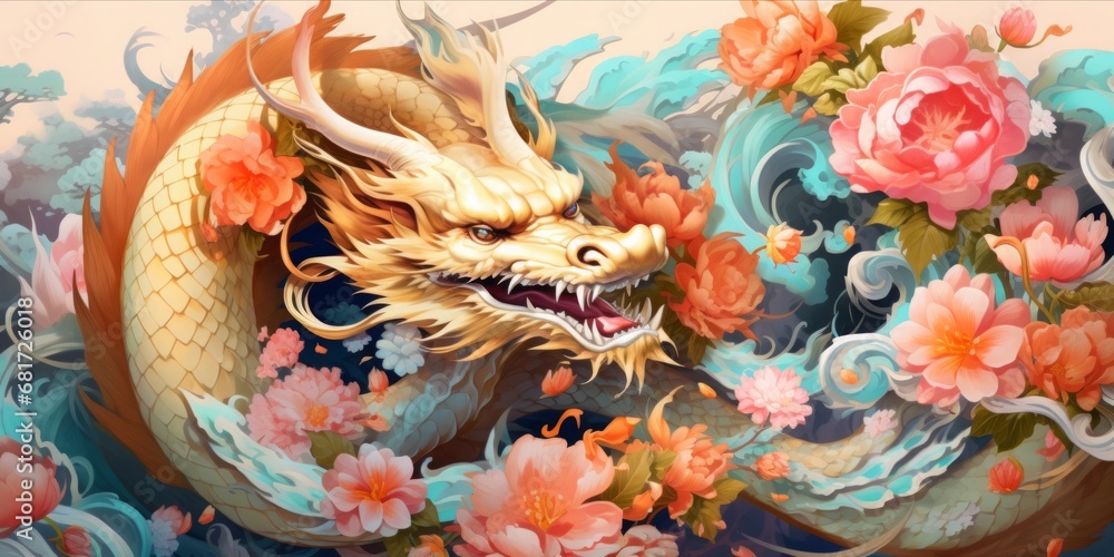 Fototapeta premium Colorful Asian Dragon, Framed by Flowers, Unveils a Mysterious Tapestry in Light Sky-Blue and Light Green Splendor
