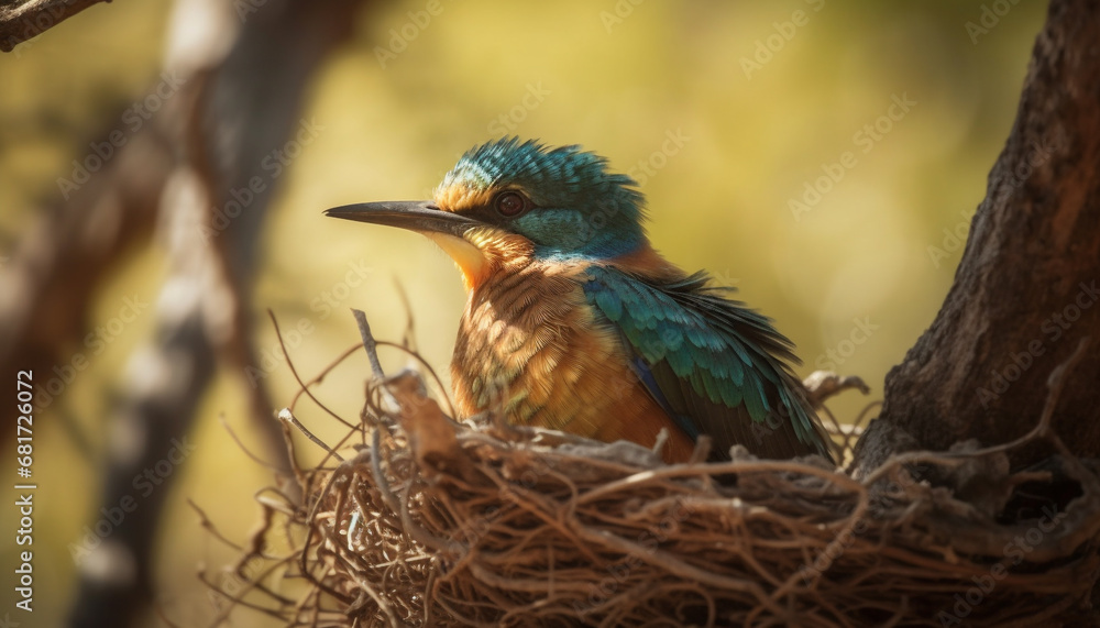 Fototapeta premium Vibrant bee eater perching on branch in African forest generated by AI