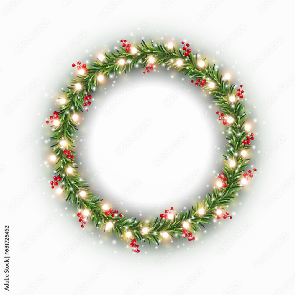Christmas tree round border with green fir branches, red berries and gold lights isolated on white background. Pine, xmas evergreen plants circle frame . Vector ring string garland decor - obrazy, fototapety, plakaty 