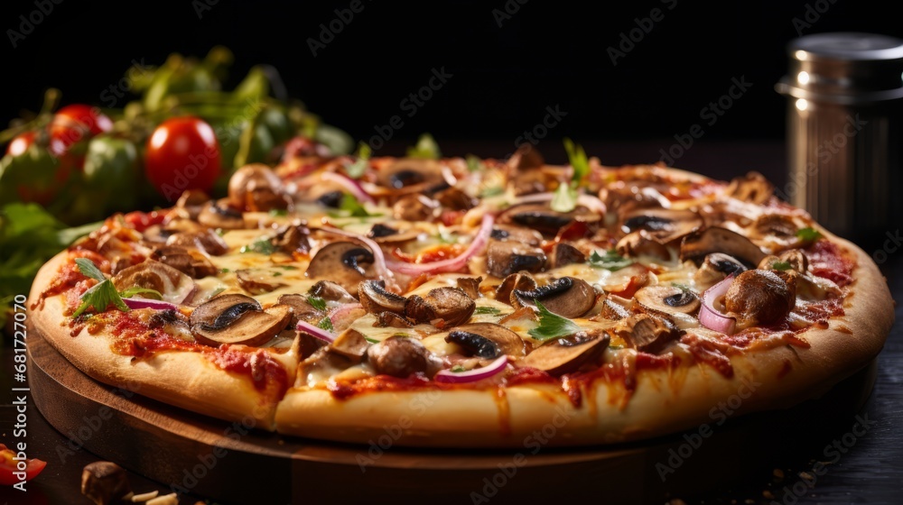 A pizza adorned with vegetables such as mushrooms