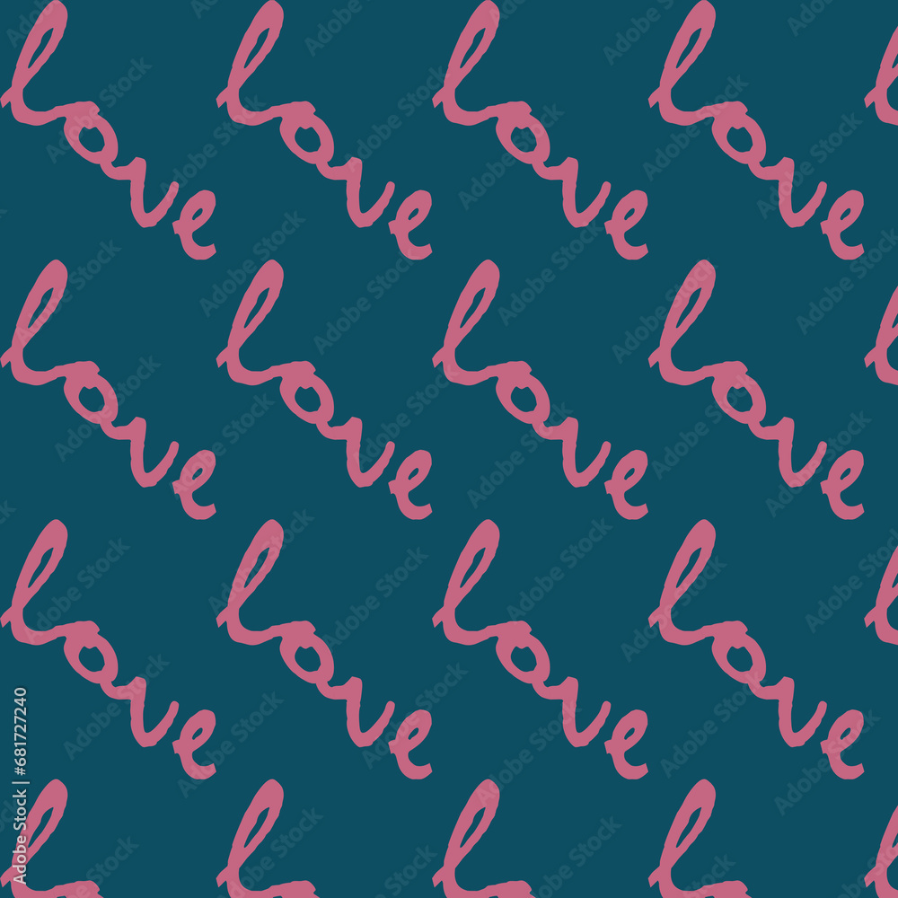 doodle pattern with the word love in pink color on a blue background