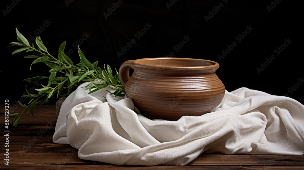 Celebrate homely tranquility! Clay pot of water and linen cloth on dark wood, symbolizing simplicity and daily hydration.