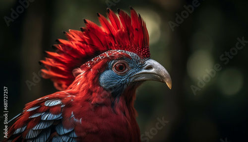Majestic rooster with multi colored feathers looking at camera outdoors generated by AI