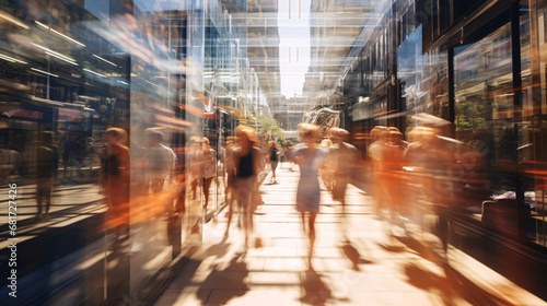 A vibrant long exposure shot of a sunlit shopping district, where pedestrians appear as blurred streams of movement against a backdrop of towering glass buildings, reflecting the bustling city life