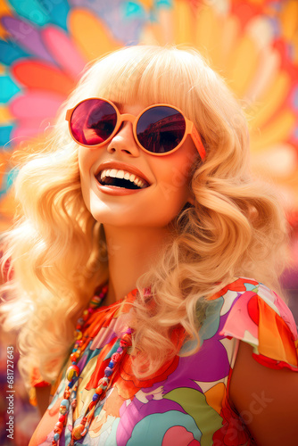 beautiful blonde woman wearing sunglasses. 1970s psychedelic retro style portrait. Ai generated