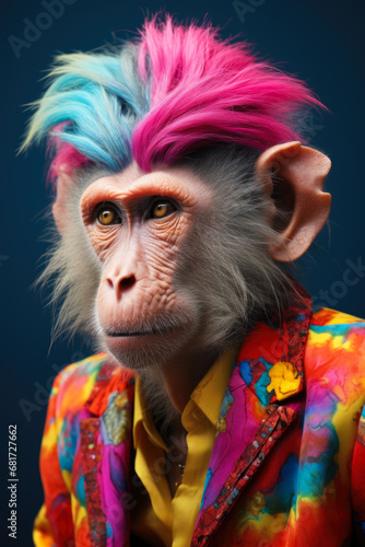 A picture of a monkey with vibrant, colorful hair wearing a jacket. This image can be used for various purposes, such as illustrating creativity, uniqueness, or even fashion with a playful twist.
