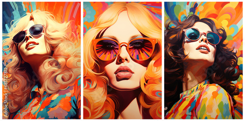 set of three women wearing sunglasses. 1970s psychedelic retro style illustration portraits. AI generated
