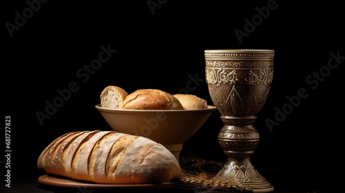 Cultural heritage on display! Clay chalice and loaf of bread on black, symbolizing tradition and spirituality.