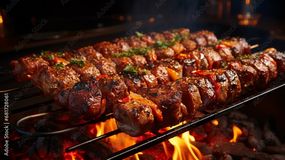 Delicious and succulent grilled meat skewers cooking