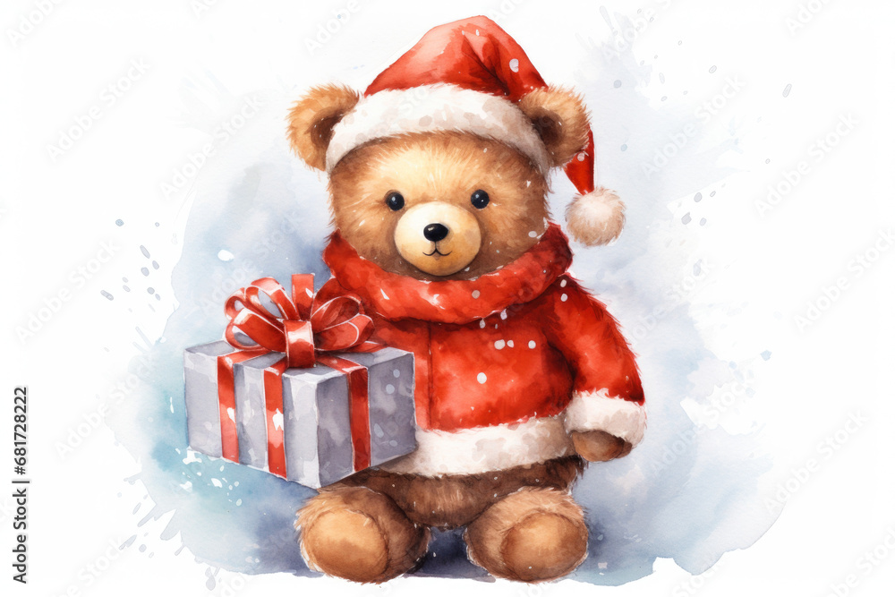 A painting of a cute bear wearing a Santa hat and holding a gift. Perfect for Christmas-themed designs and holiday greetings. A painting of a cute bear wearing a Santa hat and holding a gift. Perfect for Christmas-themed designs and holiday greetings.