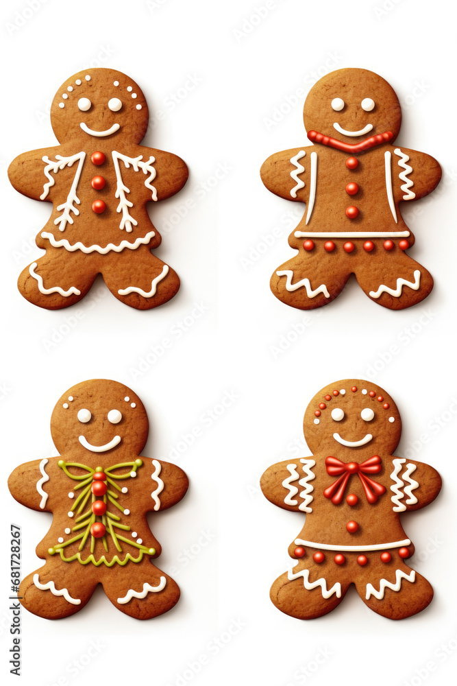 A picture of four gingerbread cookies that have been decorated with icing and various colorful decorations. These cookies are perfect for the holiday season or any festive occasion