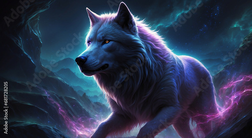 Within the captivating charm of a celestial neon-lit werewolf, the dynamic fusion of otherworldly and earthly components commands notice - AI Generative