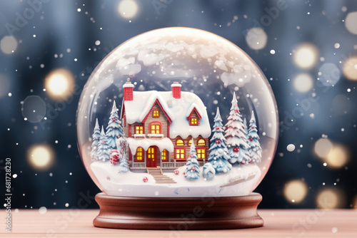 A snow globe sitting on top of a wooden table. This picture can be used to depict winter, holiday season, or Christmas-themed concepts.