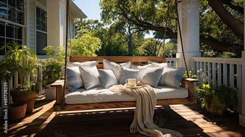A porch swing at a newly constructed house under photo