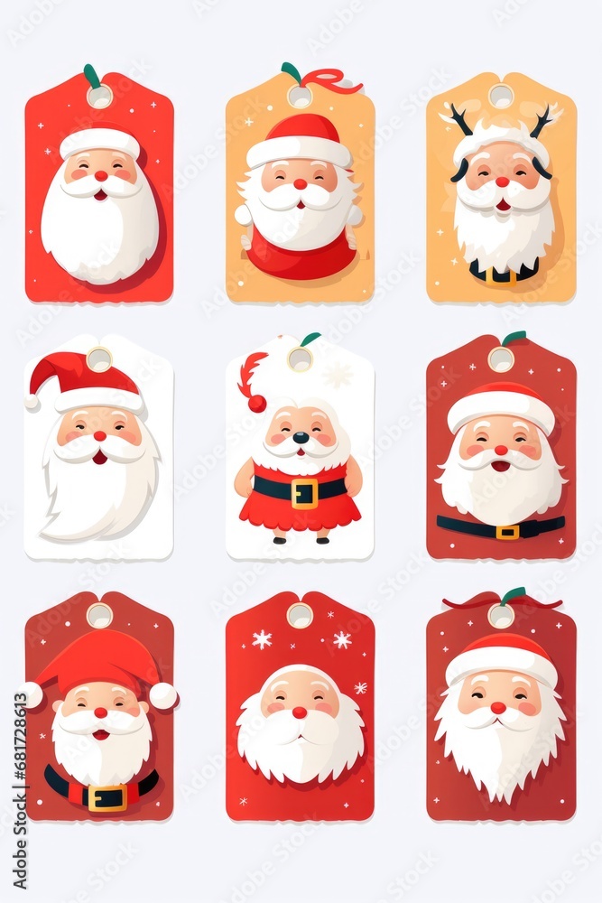 A set of Christmas tags featuring various Santa Claus faces. Perfect for adding a festive touch to your holiday gifts and decorations.