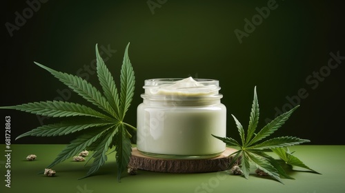Embrace natural wellness! A jar of hemp white lotion, detailed with a cannabis cream and marijuana leaf.