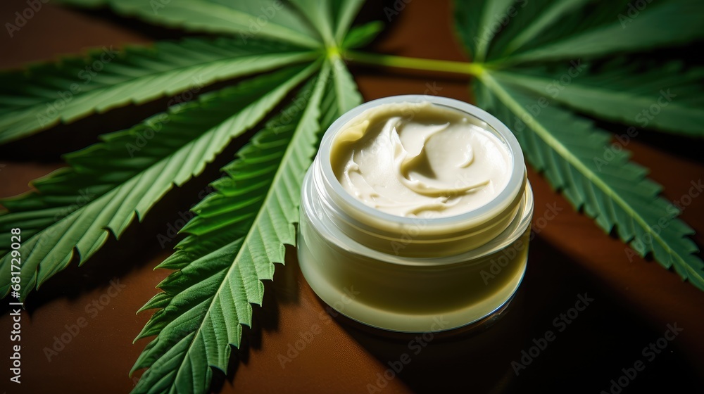 Embrace natural wellness! A jar of hemp white lotion, detailed with a cannabis cream and marijuana leaf. Embrace natural wellness! A jar of hemp white lotion, detailed with a cannabis cream and marijuana leaf.