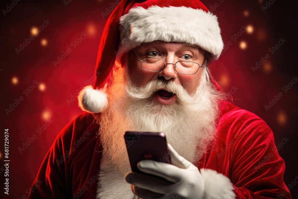A man dressed as Santa Claus using a cell phone. This image can be used to depict modern technology in holiday-themed promotions or advertisements A man dressed as Santa Claus using a cell phone. This image can be used to depict modern technology in holiday-themed promotions or advertisements