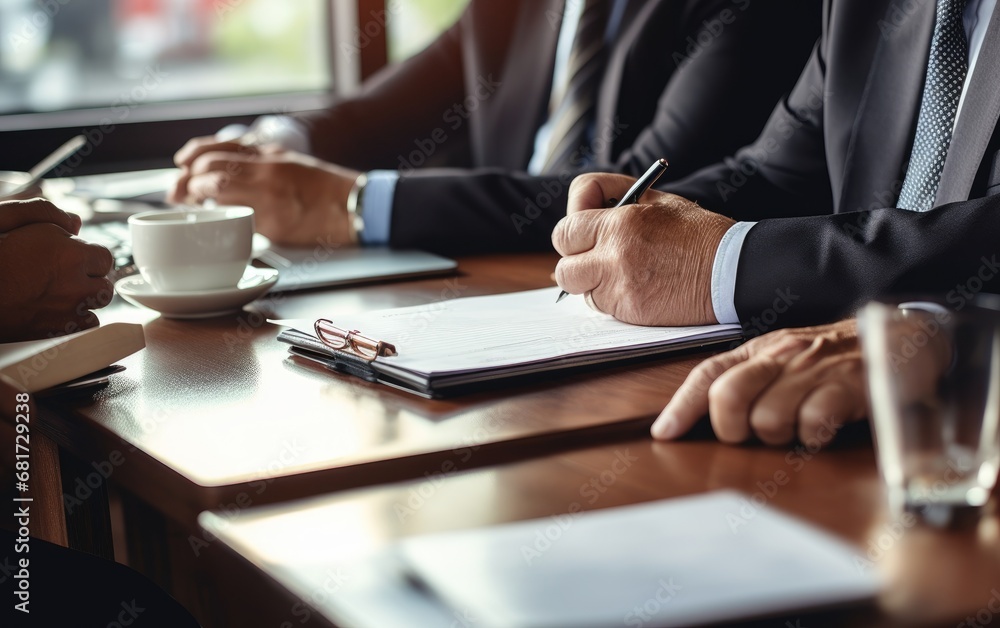 Businessmen gathered around the office table. Business vibe Businessmen gathered around the office table. Business vibe
