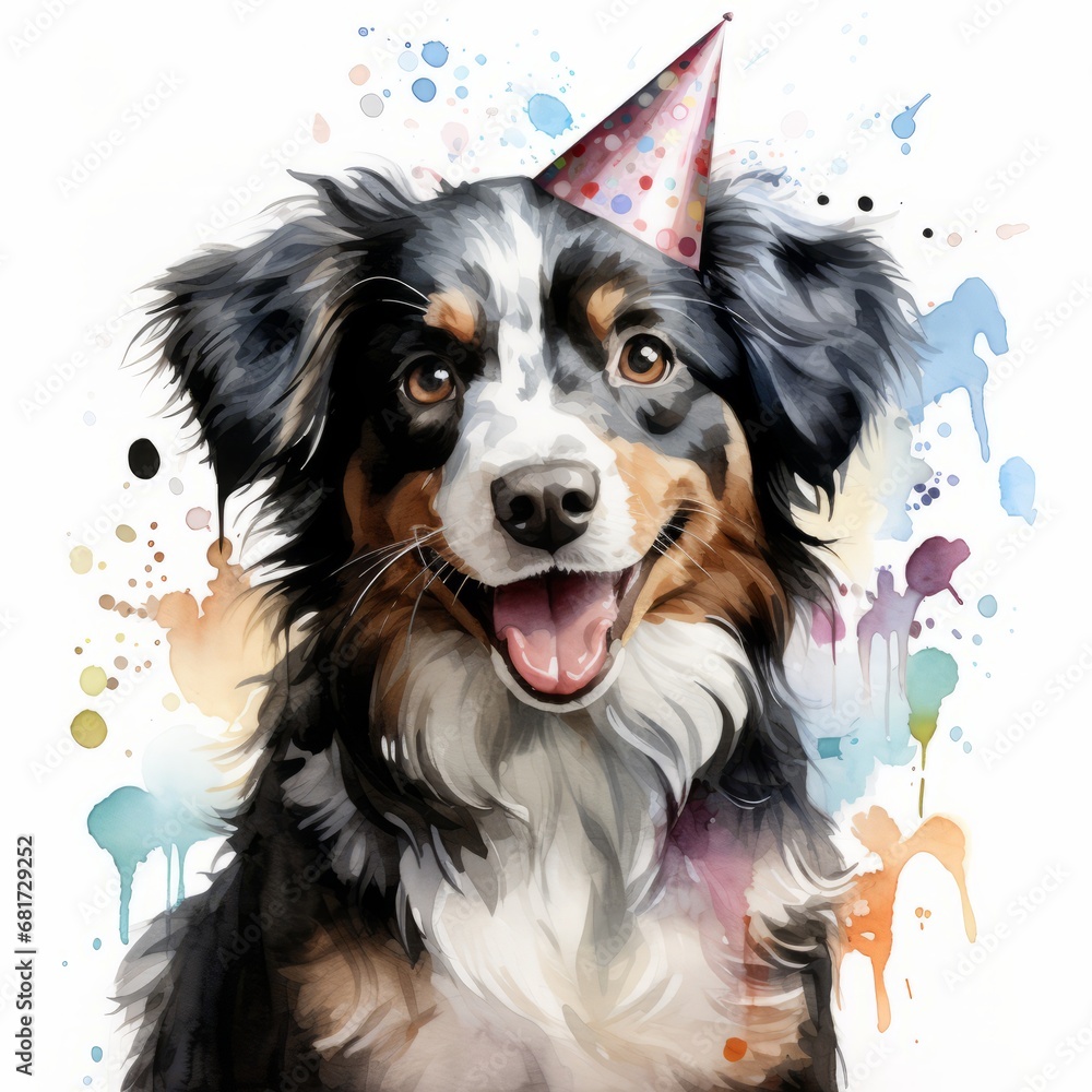 Fototapeta premium Happy birthday greeting card clip art watercolor illustration of Happy dog. Happy birthday dog greeting card illustration theme. For banners, posters, gift cads, advertising. AI generated.