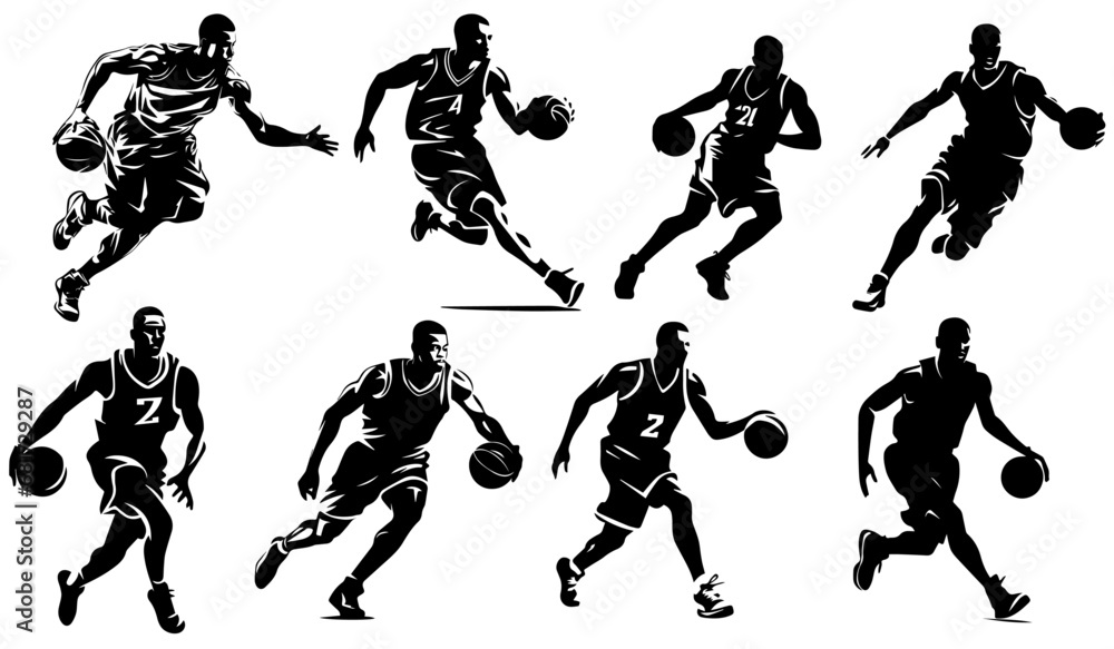 Set of vector silhouettes of basketball players - obrazy, fototapety, plakaty 