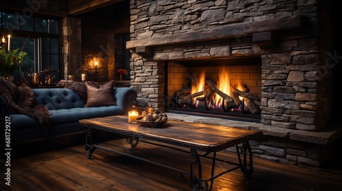 A stone fireplace ablaze within a house