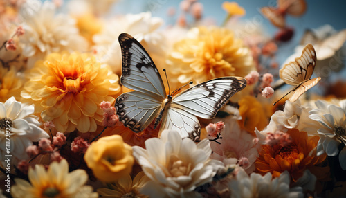 The vibrant butterfly pollinates the multi colored flower in nature generated by AI