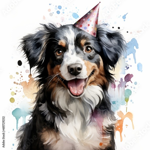 Happy birthday greeting card clip art watercolor illustration of Happy dog. Happy birthday dog greeting card illustration theme. For banners, posters, gift cads, advertising. AI generated.
