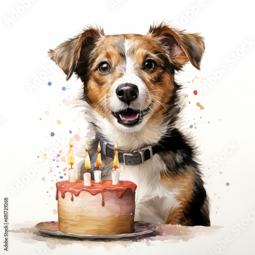 Happy birthday greeting card clip art watercolor illustration Happy dog. Happy birthday animal theme watercolor illustration. For banners, posters, gift cads, advertising. AI generated.