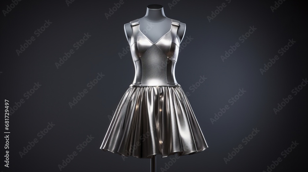 Silver dress with sparkles on a mannequin in a store. Silver dress with sparkles on a mannequin in a store.
