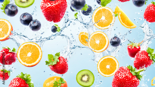 Fresh fruits with water splash on blue background. Healthy food concept.