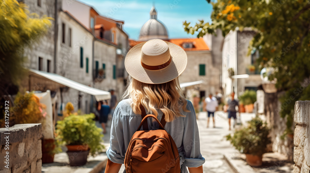 Girl Tourist walks around the city Girl Tourist walks around the city