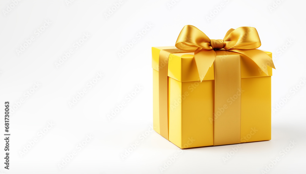 Yellow gift box with golden ribbon - copy space to the left - isolated white background Yellow gift box with golden ribbon - copy space to the left - isolated white background