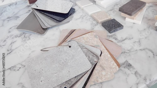 samples of materials for the manufacture of furniture. Catalog of samples of materials for kitchen countertops, facades made of artificial stone, plastic, laminate and chipboard
