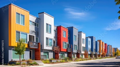 Discover your dream home! Residential townhouses against a blue sky on a sunny day. Colorful modern exteriors showcase brand new houses just after construction.