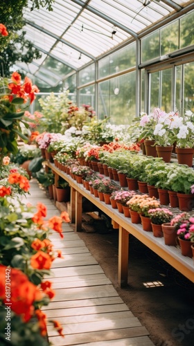 An image of a clean, modern greenhouse filled with rows of potted plants and ...