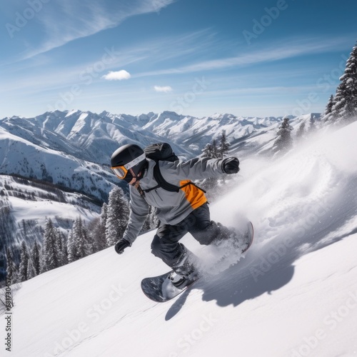 A snowboarder performing a stylish grab trick while riding down a mountain