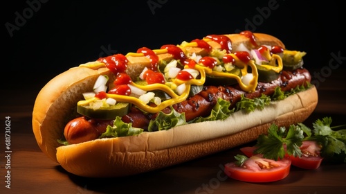 Delicious hot dog with ketchup and mustard isolated